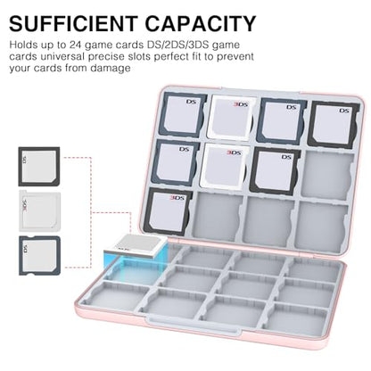 HEIYING 3DS Card Case with 24 Precise Slots for DS 2DS 3DS Game Cards | Portable Game Cards Case, Hard ABS Shell with Soft Silicone Lining, Precise Card Slots,Magnetic Closure for Easy Access - color: Pink