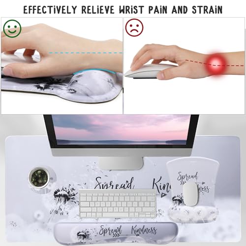MEGREZ 4-in-1 Mouse Pad with Wrist Rest Ergonomic Memory Foam Desk Mat Set | ergonomic, anti-slip base, 4pcs set, desk pad, mouse wrist rest, keyboard rest, coaster, ideal for office & gaming - color: Gray Dandelion