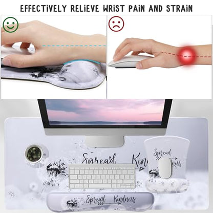 MEGREZ 4-in-1 Mouse Pad with Wrist Rest Ergonomic Memory Foam Desk Mat Set | ergonomic, anti-slip base, 4pcs set, desk pad, mouse wrist rest, keyboard rest, coaster, ideal for office & gaming - color: Gray Dandelion