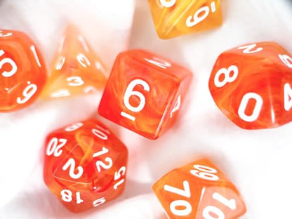 Orange DND 주사위 7개 세트 (브라이트 오렌지) | TTRPG, 던전 앤 드래곤, 롤 플레잉 게임 및 기타 테이블 게임을 위한 아크릴 다면체 주사위 세트 - D20 시스템 주사위 - color: 밝은 주황색.