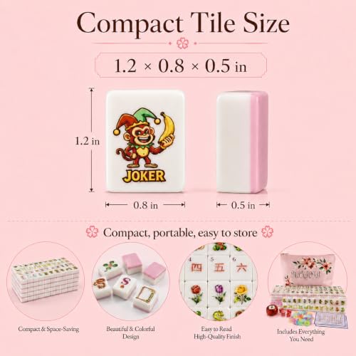Pink American Mahjong Set, 160 Pink-Back Mah Jongg Tiles, Compact 1.2 x 0.8 x 0.5 in Mahjong Tile Set with Fruit & Floral Designs, Dice, Scoring Chips, Dealer Marker, Rule Cards & Floral Storage Bag