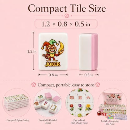 Pink American Mahjong Set, 160 Pink-Back Mah Jongg Tiles, Compact 1.2 x 0.8 x 0.5 in Mahjong Tile Set with Fruit & Floral Designs, Dice, Scoring Chips, Dealer Marker, Rule Cards & Floral Storage Bag
