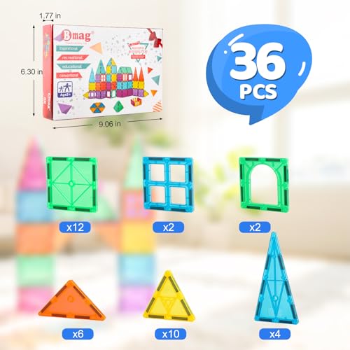 Bmag Magnetic Tiles, 36 PCS Building Blocks for Toddlers, 3D Magnet, STEM Educational Learning Building Blocks for Kids Children, Stacking Montessori Toys Gifts for Boys Girls - size: 36 PCS