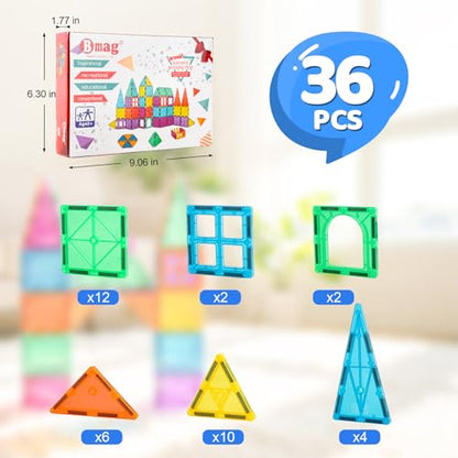 Bmag Magnetic Tiles, 36 PCS Building Blocks for Toddlers, 3D Magnet, STEM Educational Learning Building Blocks for Kids Children, Stacking Montessori Toys Gifts for Boys Girls - size: 36 PCS