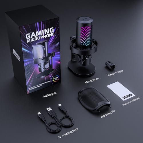 CG1 RGB Condenser Microphone Plug & Play, Noise Cancellation, Mute,Computer/Mic Monitoring Balance Adjustment, Headphone Jack, Desktop Stand for Gaming, Streaming, Podcasting, PC/Type-C Phones