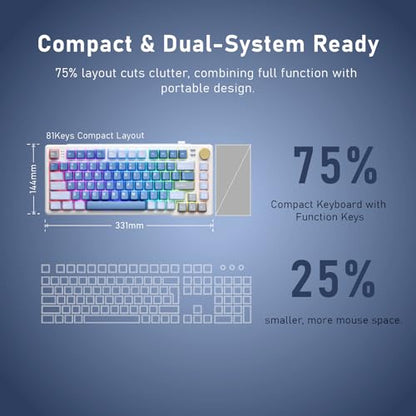 iRocks K103R Wireless Rechargeable RGB 75% Mechanical Gaming Keyboard, Hot Swappable Pre-lubed Switches, 81 PBT Keys, Gasket Mount, USB-C Detachable Cable (Ocean Blue, Bubble Switch) - color: Ocean Blue, size: Bubble Switch