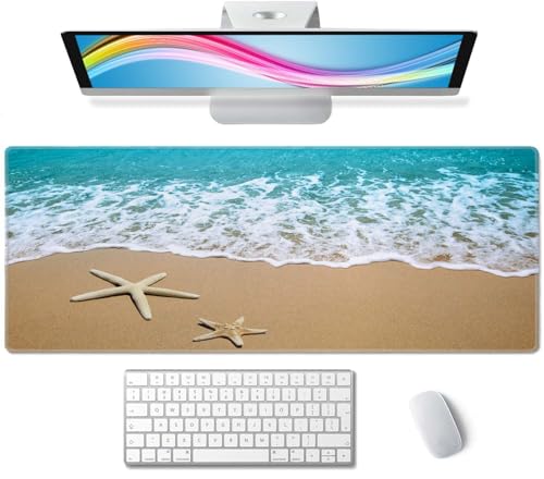 Beach Starfish Desk Pad Mouse Pad,Large Gaming Mouse Mat with Stitched Edges,Non-Slip Waterproof Rubber Base Mous Mat for Office Computer Keyboard Laptop Home(31.5X11.8 in) - color: Beach Starfish