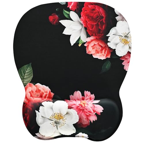 EooCoo Ergonomic Mouse Pad with Wrist Rest, Memory Foam Support Mousepad | Non-Slip Base for Computer, Cafe, Home & Office, 9.64 x 8.26 in Office Desk Accessories, Carpal Tunnel Relief - color: Black Floral