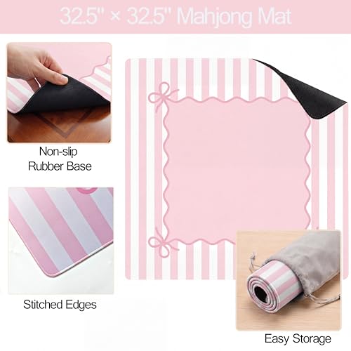 Light Pink Mahjong Mat (32.5” x 32.5”) with Carrying Bag Non Slip Noise Reduction Gaming Mat Rubber Mahjong Table Cover Accessoriesfor Poker Board Games Dominoes - color: Pink