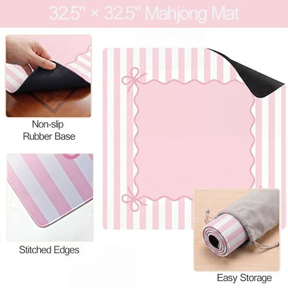 Light Pink Mahjong Mat (32.5” x 32.5”) with Carrying Bag Non Slip Noise Reduction Gaming Mat Rubber Mahjong Table Cover Accessoriesfor Poker Board Games Dominoes - color: Pink
