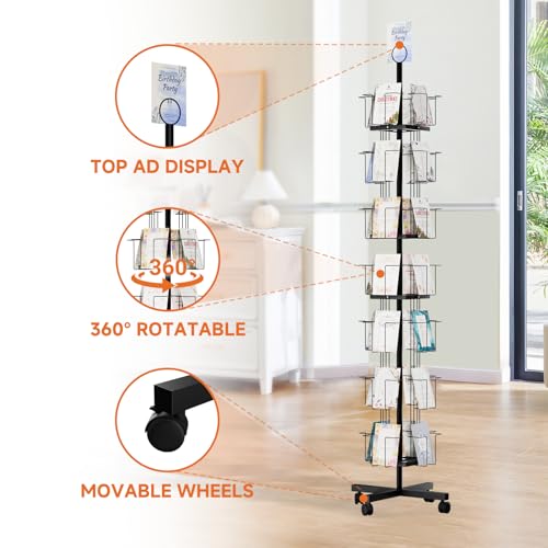 TONGMO 7-Tier Greeting Card Display Rack: 28-Pocket Rotating Countertop Stand for Postcards, Brochures, and Greeting Cards (White, 68.9”H) - color: 28 Pockets-Black