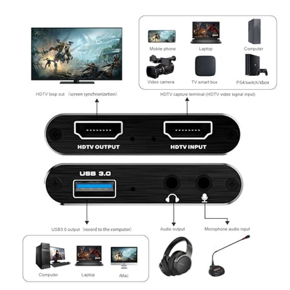 4K Capture Card Game Capture Card 1080P 60FPS for Streaming Capturadora De Video for Game Recording Live Streaming Broadcasting Supports Microphone Input and 3.5MM Headphone Output