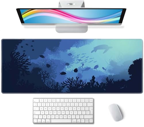 Blue Ocean Big Turtle Gaming Mouse Mat, XL 31.5 x 11.8 Inch Ocean Theme with Turtle Design, Extended Long Thin Desk Pad for Keyboard Mice, Thin Blue Mouse Pad - color: Blue Ocean Big Turtle
