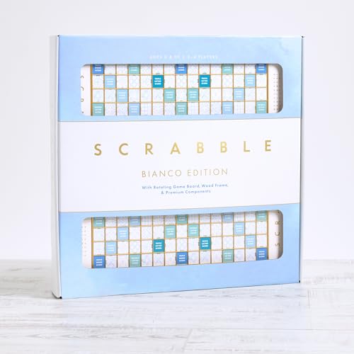 WS Game Company Scrabble Bianco Edition with Rotating Wooden Game Board | Coastal Aesthetic, Turntable, Raised Letter Tile Grid, Classic Word Game for 2-4 Players, Adults, Families and Kids Ages 8+