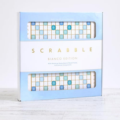 WS Game Company Scrabble Bianco Edition with Rotating Wooden Game Board | Coastal Aesthetic, Turntable, Raised Letter Tile Grid, Classic Word Game for 2-4 Players, Adults, Families and Kids Ages 8+