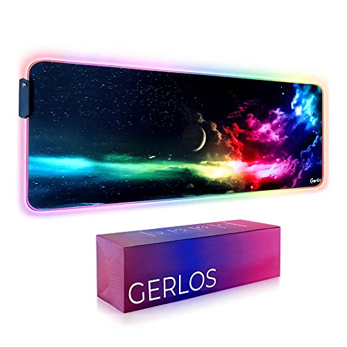 Gerlos RGB Gaming Mouse Pad, Large LED Desk Mat, 31.5 x 11.8 Inch | 12 light modes, non-slip base, water-resistant surface, stitched edges - color: Green