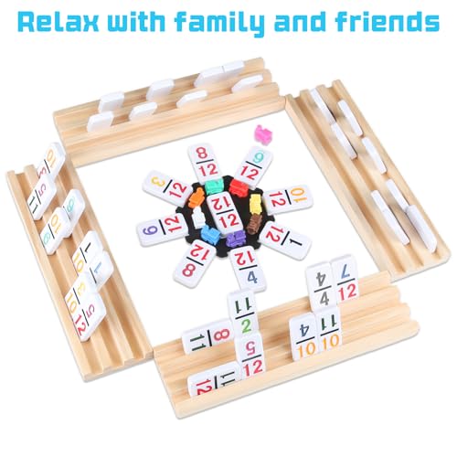 Mexican Train Numbers Dominoes with 4 Wood Trays, Color Double 12 Numerical Domine Set for Adults and Family, Classic 91 Tiles Board Grame with Waterproof Case