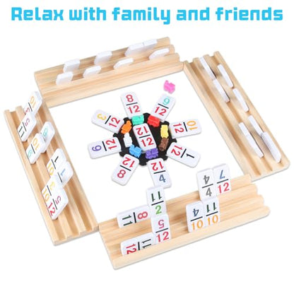 Mexican Train Numbers Dominoes with 4 Wood Trays, Color Double 12 Numerical Domine Set for Adults and Family, Classic 91 Tiles Board Grame with Waterproof Case