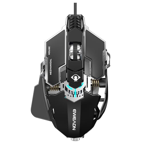 EWEADN G5 Wired Gaming Mouse with Adjustable Tail, 12800 DPI Programmable Computer Mouse with RGB Backlit, 9 Macro Buttons, Rapid Fire Key & Aluminum Base Ergonomic PC Mice for Laptop, PC-Black&White - color: Black