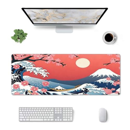 Large Gaming Mouse Pad Desk Mat, Japanese Cherry Blossom Sea Wave Extended Keyboard Mouse Pad Mousepad with Non-Slip Base and Stitched Edge Mouse Mat Desk Pad for Desk Home Office, 31.5 x 11.8 - color: Japanese Cherry Blossom Sea Wave