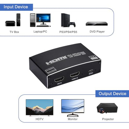 HDMI Splitter 1 in 4 Out, 1x4 HDMI Splitter Audio Video Distributor Box Support 3D & 4K x 2K Compatible for HDTV, STB, DVD, PS3, Projector Etc - size: 1x4 4K@30Hz