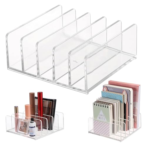 Hipiwe 2-Pack Acrylic File Organizer for Sorting Mail - 5 Slots Letter Sorter Clear Desktop Bill Divider Holder for Paper Envelope Document Book Cash Money Eyeshadow Makeup Palette