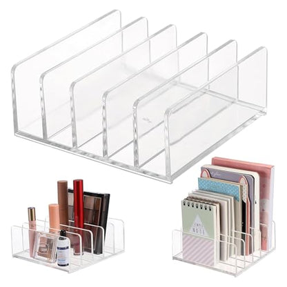Hipiwe 2-Pack Acrylic File Organizer for Sorting Mail - 5 Slots Letter Sorter Clear Desktop Bill Divider Holder for Paper Envelope Document Book Cash Money Eyeshadow Makeup Palette