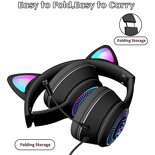 Cat Ear Gaming Headphones Wired AUX 3.5mm with LED Light, VIGROS Flashing Stereo Game Headphones Surround Sound Over-Ear Headsets with Microphone Fit Kids & Adult for PC, PS4, Switch, Mobile, Laptop - color: Black