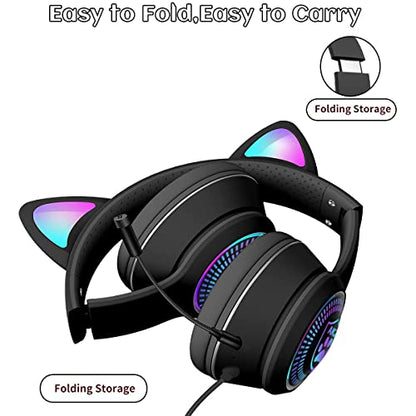 Cat Ear Gaming Headphones Wired AUX 3.5mm with LED Light, VIGROS Flashing Stereo Game Headphones Surround Sound Over-Ear Headsets with Microphone Fit Kids & Adult for PC, PS4, Switch, Mobile, Laptop - color: Black