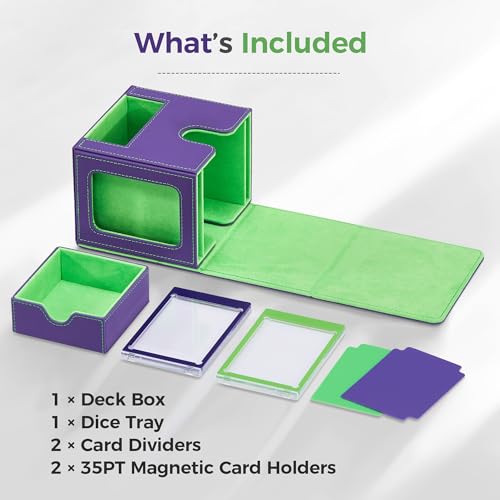 MTG Commander Deck Box with Dual Display Windows and Dice Tray | Fits 100 Double-Sleeved Cards, PU Leather, 2 Magnetic Card Holders, 2 Dividers, Purple & Neon Green - color: 1. Purple & Neon Green
