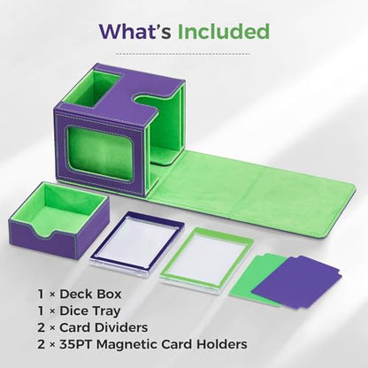 MTG Commander Deck Box with Dual Display Windows and Dice Tray | Fits 100 Double-Sleeved Cards, PU Leather, 2 Magnetic Card Holders, 2 Dividers, Purple & Neon Green - color: 1. Purple & Neon Green