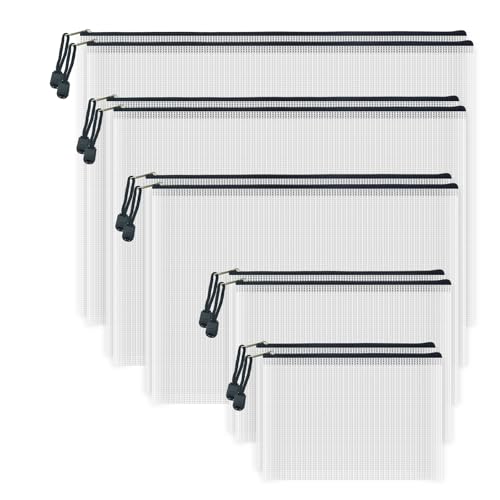 10 Pcs Zipper File Bags, Waterproof Plastic Mesh Pouch for Office School, Board Game Storage Bags (Multi-Size, White and Black) - color: White and Black, size: Multi-size