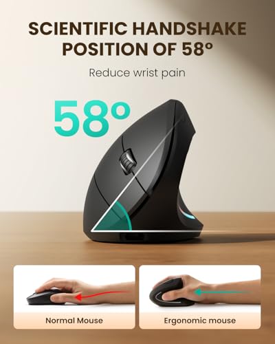 POJTK Ergonomic Wireless Rechargeable Mouse, Bluetooth+USB A+Type C(3 in 1) Connection, 5 Levels Up to 4800 DPI, 6 Silent Buttons, 2.4GHz Carpal Tunnel Vertical Mice, for Laptop, Desktop,MacBook-black