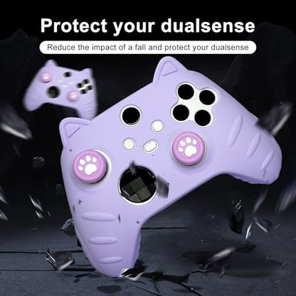 Purple Cute Cat Anti-Slip Protective Silicone Cover Skin Grips Compatible with Xbox Series X/S Controller with Stickers and 2 Thumb Paw Grip Caps Cat Paw Caps – Shockproof Dustproof