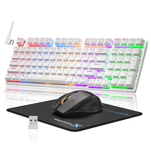 Wireless Mechanical Keyboard and Mouse Combo, 98-Key Gaming Keyboard with RGB Backlit, Tri-Mode BT5.0/2.4G/USB-C, 4000mAh Battery, 3200 DPI Gaming Mouse with Mouse Pad for PC, Laptop, Tablet(White) - color: White-