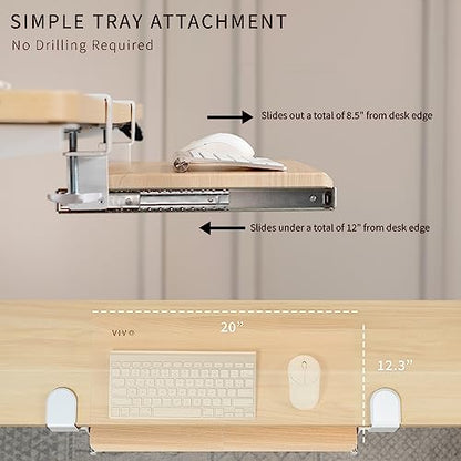 VIVO Small Clamp-on Computer Keyboard and Mouse Under Desk Slider Tray, 20 x 11 inch Pull Out Platform Drawer, Light Wood, MOUNT-KB05ES-A | Keyboard Tray for Typing, Slide Out Platform, Extra Sturdy C-Clamp Mount System, Computer Drawer, White Frame - col