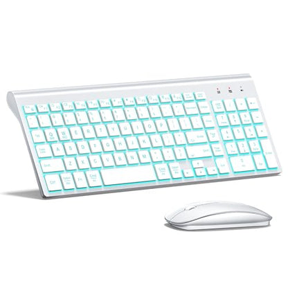 Wireless Backlit Keyboard and Mouse Ultra Slim Combo, TopMate 2.4G Silent Compact 2400DPI Mouse and Scissor Switch Keyboard Set, Batteries Included, for PC/Laptop/Windows/Mac/Gaming - BL Matte White - color: BL Matte White