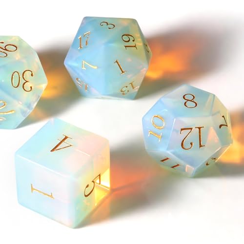 Haxtec Opal Dice Gemstone Polyhedral DND Dice Set with Premium Dice Case Compatible with Dungeons and Dragons Role Playing Board Games D&D Gift - color: White Gold-opal