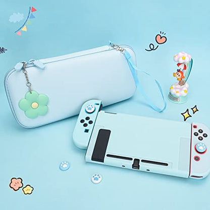 DLseego Blue Switch Case Set Carrying Case with 10 Slots Babyblue Protective Dockable Hard Shell with 4PCS Cute Cat Paw Thumb Grips Caps and 1PC Green Flower Blossom Chain for Switch 2017 Version - color: Blue, size: Switch 1 6.3inch
