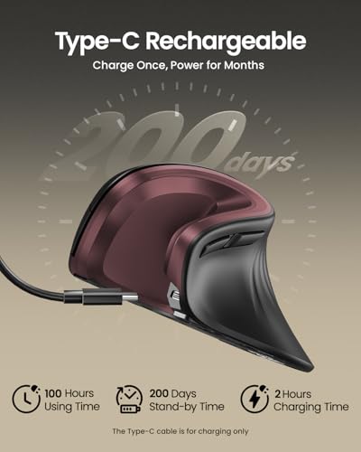 ProtoArc EM11 NL Wireless Ergonomic Vertical Mouse, Rechargeable, Wine Red | 58° vertical design supports a natural wrist posture, connect 3 devices via Bluetooth/2.4G USB-A, 500mAh USB-C rechargeable. - color: Wine Red