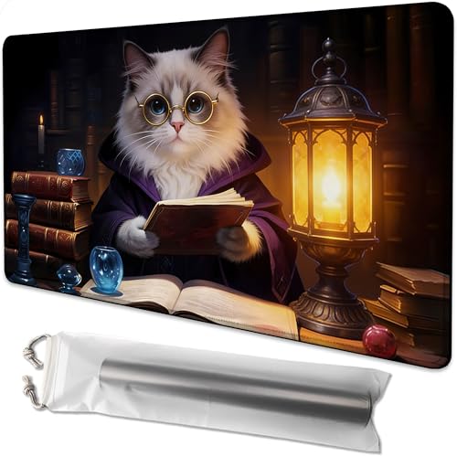 Playmat for MTG Cat Magic Play Mat 24x14 Inch Card Game Mat for Magic The Gathering TCG PTCG Playmat with Free Storage Bags Non-Slip Backing and Stitched Edge - color: Cat No With Zones