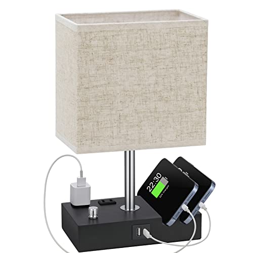 Beige Table Lamp for Bedroom - Stepless Dimmable, USB C+A, 2 AC Outlets | Dimming By Rotary Knob, USB C+A Ports, 2 Phone Stands, LED Bulbs Included, Rectangle Beige Lampshade, for Living Room, Desk - color: Beige with Knob Switch, size: 1 Pack