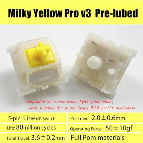Gateron Milky Yellow Pro V3 Creamy Linear Keyboard Switches,36 Pack | 5-Pin Pre-Lubed Switches,Removable Light Guide Column,Compatible With MX Mechanical Gaming Keyboards,Life 80 Million Cycles - color: Milky Yellow Pro V3, size: 36Pcs