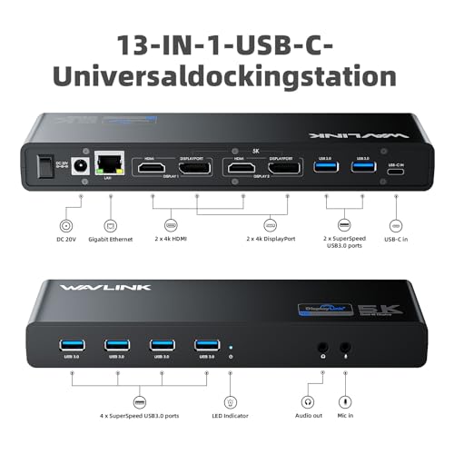 WAVLINK Pro Dual 4K@60Hz Universal Docking Station | USB 3.0/USB-C Laptop Dock for Mac & Windows | 2 HDMI/DP Monitors, Gigabit Ethernet, 6 USB 3.0 | Home Office & Multi-Screen Productivity. - color: 69DK25