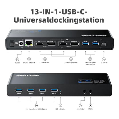 WAVLINK Pro Dual 4K@60Hz Universal Docking Station | USB 3.0/USB-C Laptop Dock for Mac & Windows | 2 HDMI/DP Monitors, Gigabit Ethernet, 6 USB 3.0 | Home Office & Multi-Screen Productivity. - color: 69DK25