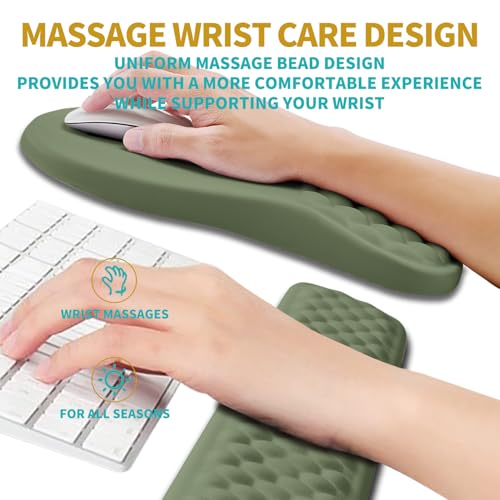 Hokafenle 2 in 1 Ergonomic Mouse Pad Wrist Support & Wrist Rest for Computer Keyboard Set, with Relieve Carpal Tunnel Pain Massage Bulge and Full Memory Gel Design (2In1 Set, Dark Green) - color: Hk007-dark Green