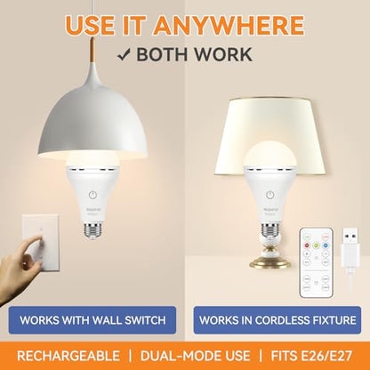 MagixPro Remote Rechargeable Light Bulbs, USB & Socket Charging, 1800mAh Battery, Dimmable LED Bulb for Hardwired & Non-wired Lamps Sconces, Touch + Remote Control, Wall Switch Compatible, 2 Pack - color: White