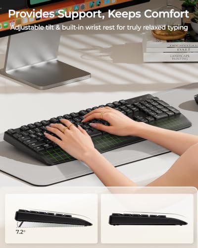 seenda COE200 Wireless Bluetooth Keyboard and Mouse Combo with Wrist Rest | USB/Bluetooth multi-device switching, quiet keys & clicks, full-size ergonomic set for PC, laptop, Mac, MacBook, Black - color: Black