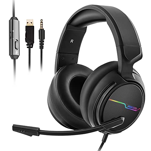 Jeecoo V20 Stereo Gaming Headset for PS4 PS5 Xbox One - Over Ear Headphones with Noise Cancelling Microphone - LED Light Soft Earmuffs for PC Laptops Mobiles - color: Black-V20
