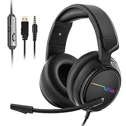 Jeecoo V20 Stereo Gaming Headset for PS4 PS5 Xbox One - Over Ear Headphones with Noise Cancelling Microphone - LED Light Soft Earmuffs for PC Laptops Mobiles - color: Black-V20